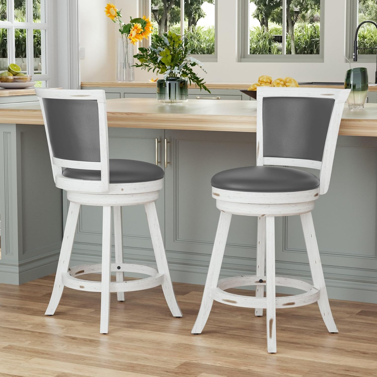 Swivel Bar Stools Set of 2, 24" Counter Height Swivel Barstools with Back & Faux Leather Upholstered Seat, Island Chairs with Solid Wood Legs & Footrest for Kitchen, Dining Room, Pub, White
