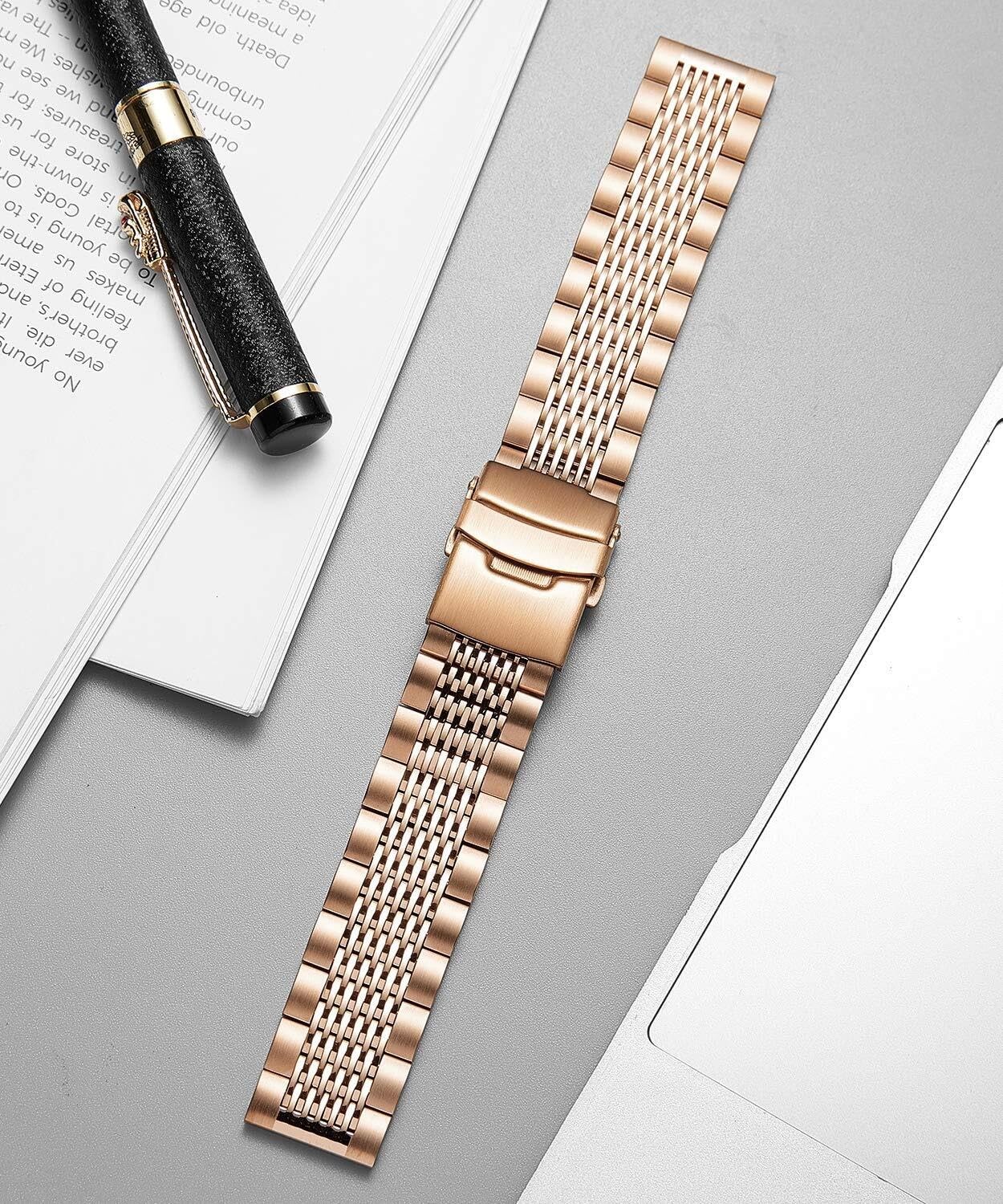 Stainless Steel Watch BandMetal Watch Strap for Men Women Replacement with Double-Lock Deployment Clasp