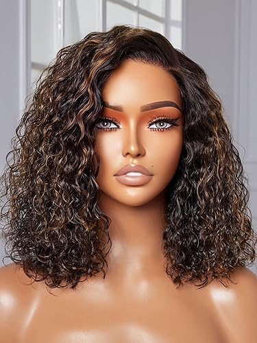 Peluca rizada de 12 pulgadas con reflejos precortada, peluca de encaje real HD indetectable, peluca de cabello humano rizado con reflejos de