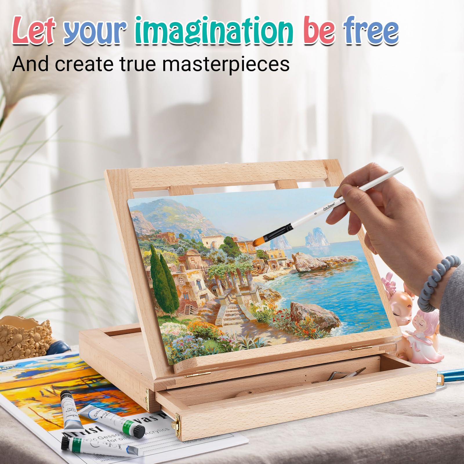 USHOP Chevalet Peinture Acrylique 24 Pièces,Fournitures Artistiques,Coffret Peinture,12 Peintures,5 Pinceaux,1 Panneaux de toile,1 Tablier,2 Spatul,Kit de Peintures pour Artistes,Débutants