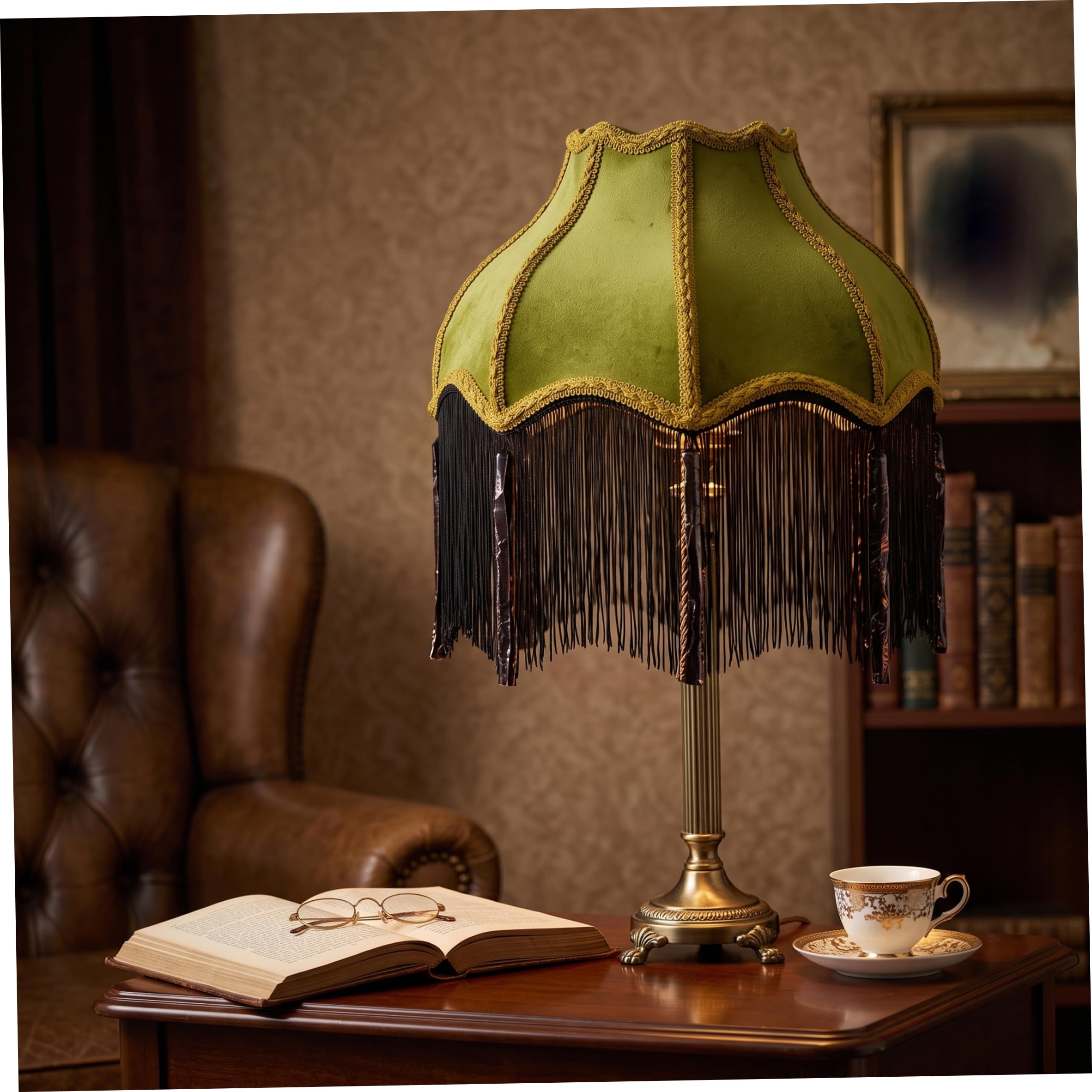 Viktorianischer Lampenschirm mit Quaste, Vintage-Lampenschirm mit Wellenschliff für Tischlampe, Grün