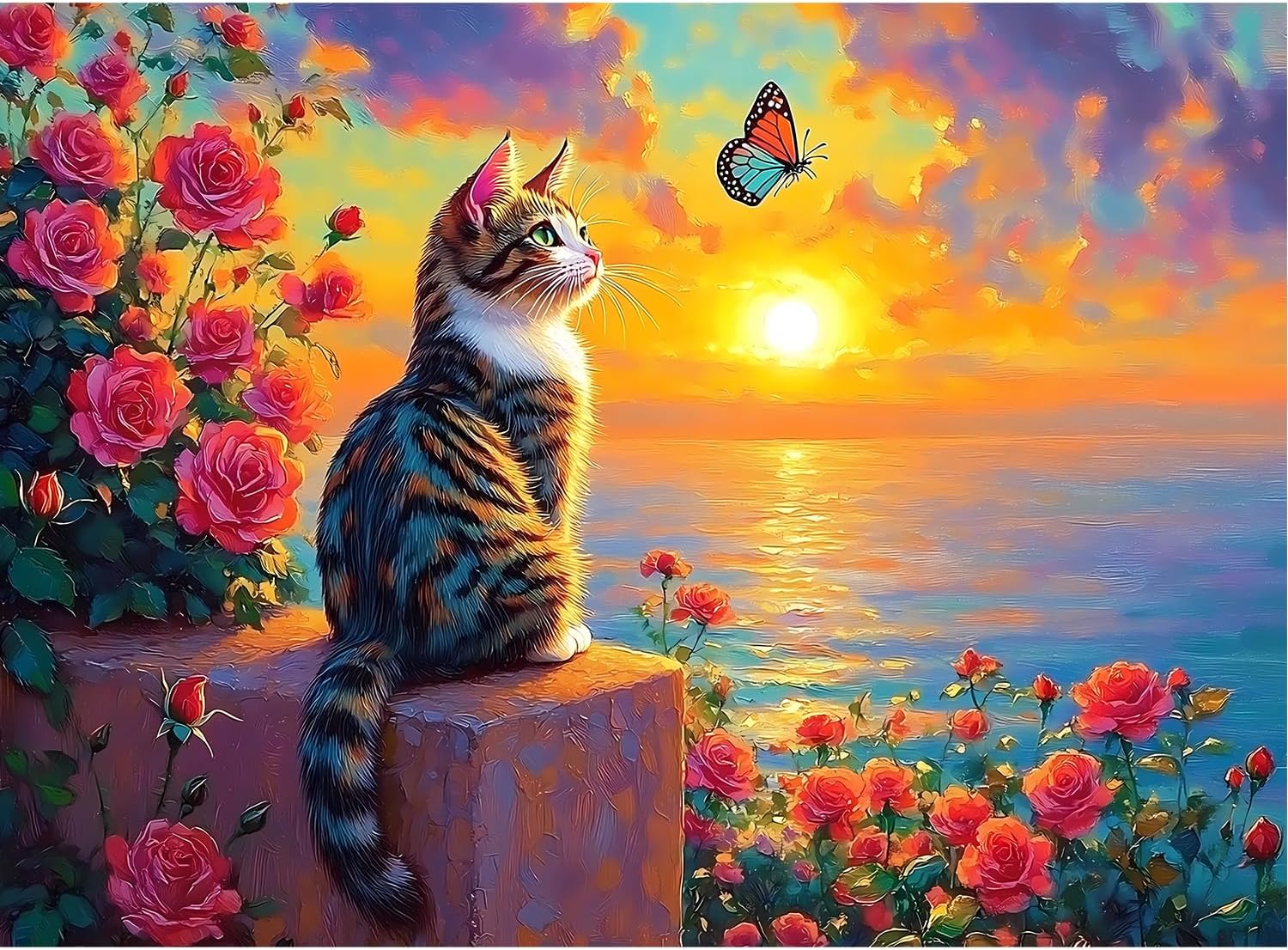 500 Piece Puzzle for Adults – Cat Sunset Jigsaw Puzzles 500 Pieces with Flowers & Butterfly, Colorful Art Puzzle for Adults & Seniors, Relaxing Adult Puzzles, 20.5 x 15 in