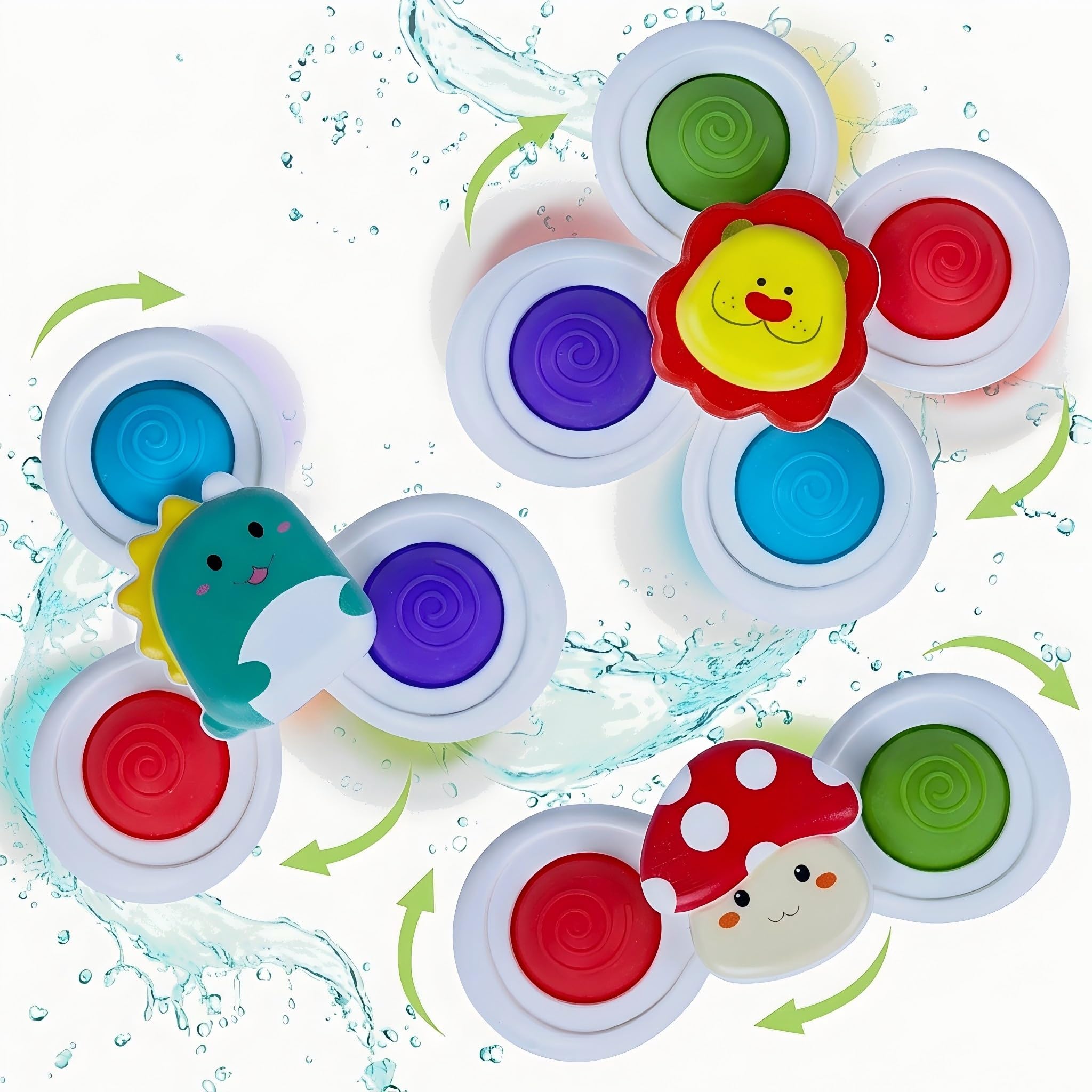 Plimto Suction Spinners for Babies 6 Months+, Set of 3 Sensory Spinning Toys with Silicone Press Buttons, High Chair Toys for Bath Time, Windows and Travel