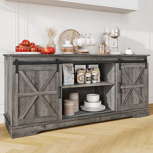 YITAHOME Kitchen Buffet Cabinet, 60“ Farmhouse Sliding Barn Door Coffee Bar Sideboard Buffet Cabinet with Capacity 300 lbs for Home Kitchen Dinning Living Room, Rustic Gray