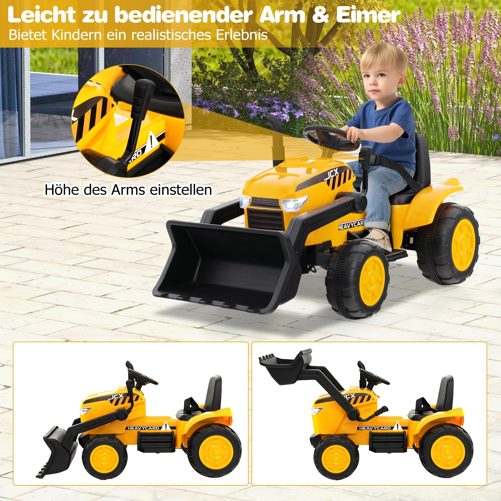 DREAMADE Elektro Sitzbagger mit Verstellbarer Grabschaufel, Bagger zum draufsitzen mit Fernbedienung, Kinderbagger mit Musik, Hupen, Scheinwerfer, USB, Sanftanlauf, für Kinder 3-8 Jahren, Gelb