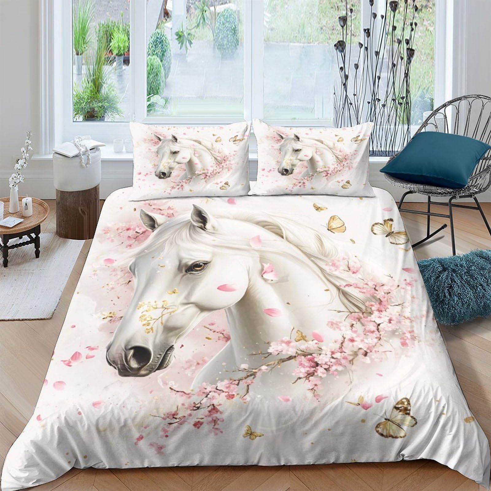 Ctjqhvkz Style-6 3D Printed White Horse Blossom Fitted Sheet Microfiber Soft Bed Sheet For Bedroom Guest Room Decor Protection Single（135X200cm）