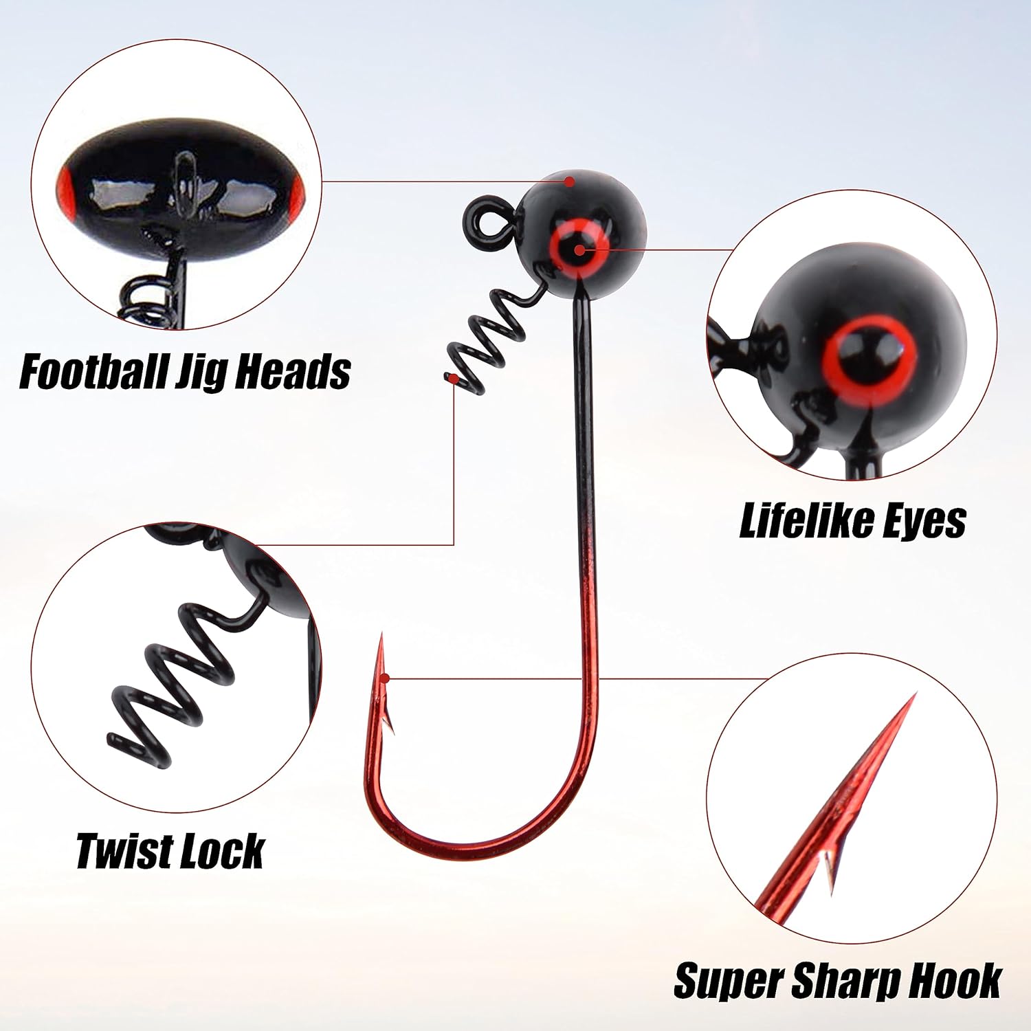 OROOTL Shaky Heads Grub Lures Kit, 60pcs Tungsten Shaky Head Jig Hooks Soft Baits for Bass Fishing Shakeyhead Jigs with Spring Screw Lock 1/4oz 1/8oz 1/16oz