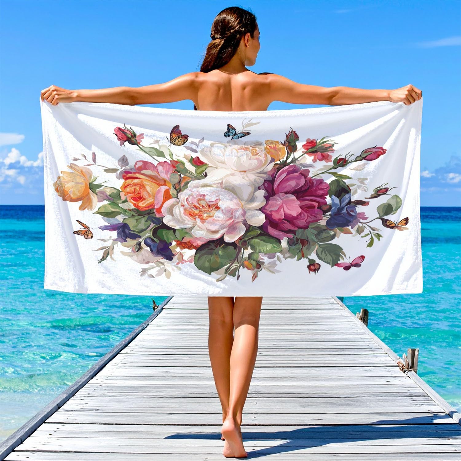 Générique Grande Serviette de Plage 200 x 100 CM,Drap de Plage Microfibre,Couverture de Plage Absorbante Rapide pour Aquarelle, Romantique, Art Roses Délicates, Papillons