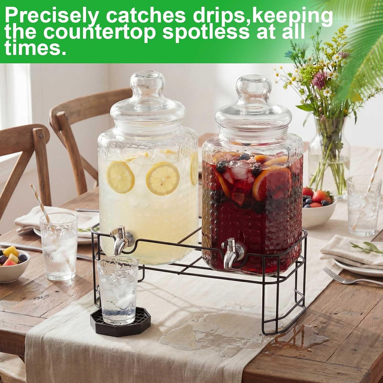 2 Pack 1.5 Gallon Drink Dispenser with Stand for Parties, Hammered Glass Beverage Dispensers, Stainless Steel Spigots and Drip Trays, Water Jar Jug for Lemonade, Juice, Tea and Party Drinks