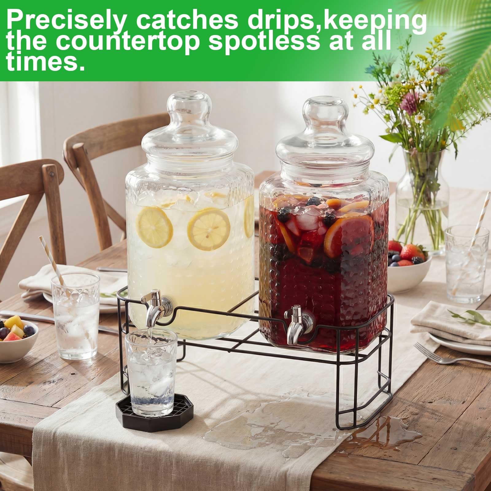 Getränkespender für Partys, gehämmertes Glas, Getränkespender mit Ständer, Edelstahl-Zapfhahn und Tropfschalen, Wasserglas-Krug für Limonade, Saft, Tee und Partygetränke, 2 Stück