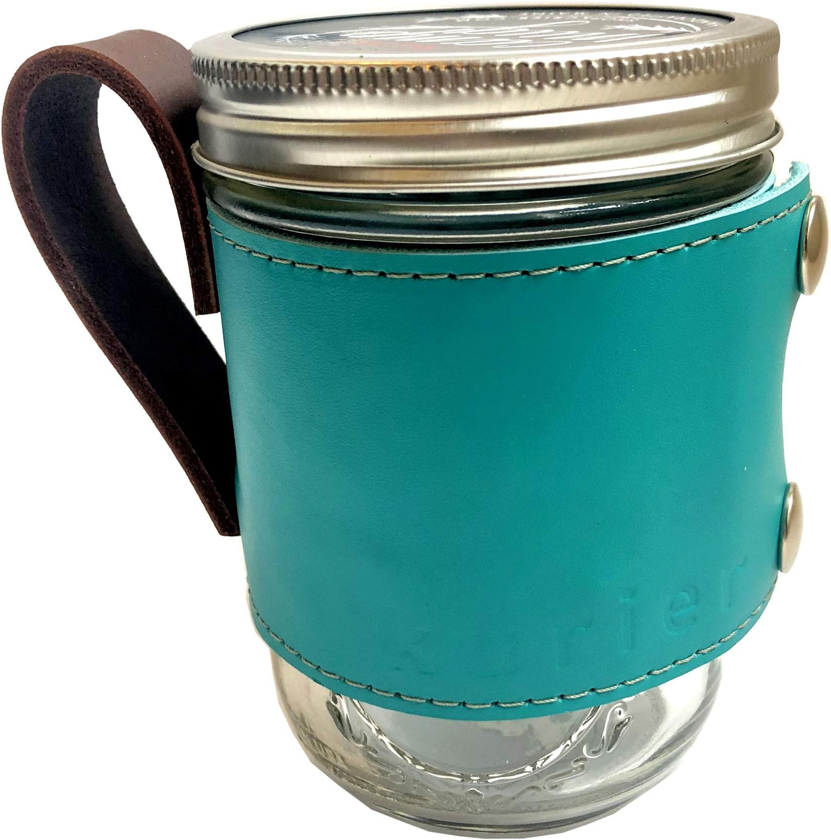 Kurier turquoise blue removable real leather Camp Mug/glass mason ball canning mug travel coffee cup w/handle made in USA 16 oz. glass jar incd.