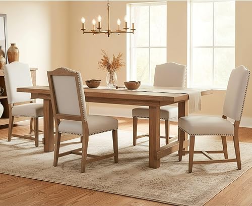 Miniatura 8 de ROCITY Juego de 2 sillas de comedor de lino tapizadas color beige, sillas laterales de cocina con patas de madera y ribete de cabeza de clavo