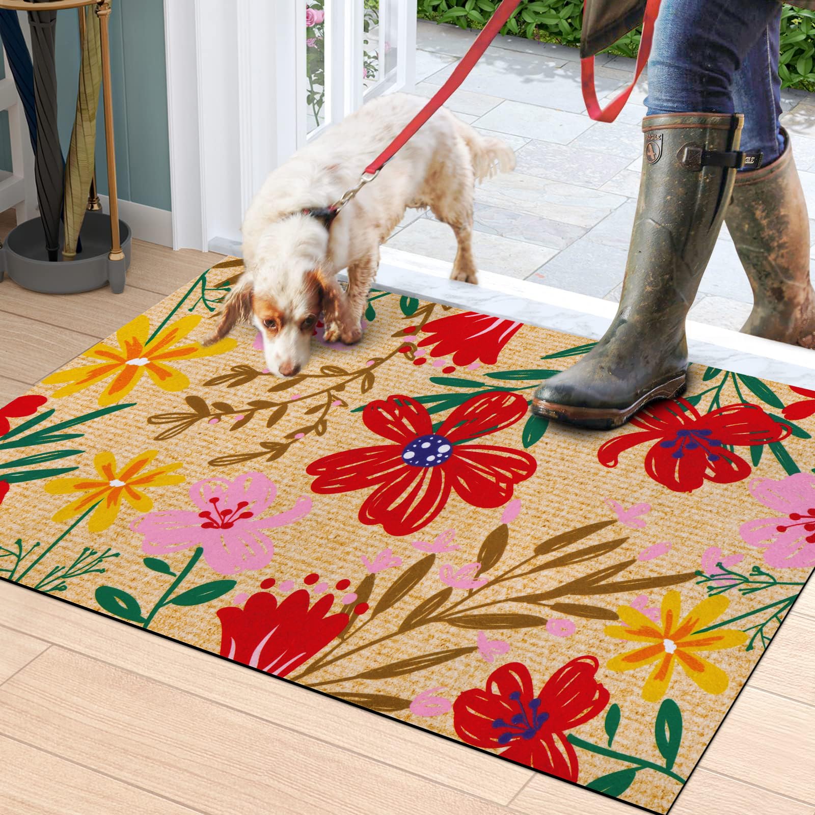 Spring Floral Door mats, Flowers Low Profile Rug Non Slip Doormat with Rubber Backing, Summer Absorbent Carpet Rugs Floor Mat for Outside Patio Home Decor, 18" x 30"