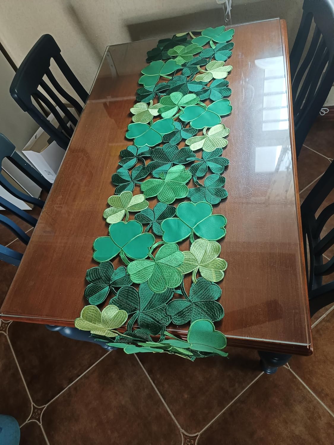 St. Patrick's Day Irish Shamrock Table Runner, Embroidered Cutouts for Family Dining Spring Party Holiday Table Decorations, Green (Clover 15" x 70")