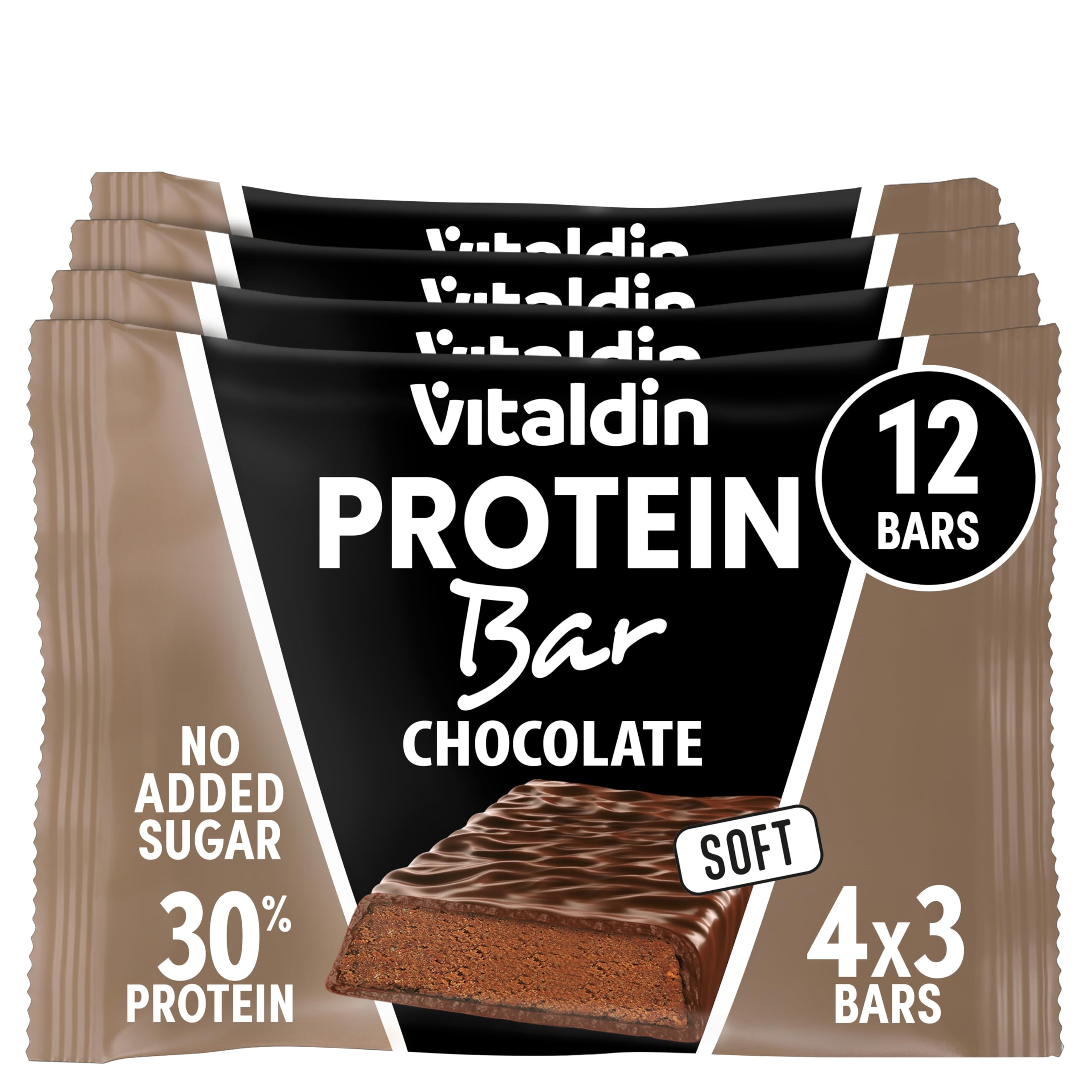 VITALDIN Barre Protéinée Chocolat – 30% Protéines avec Collagène Hydrolysé – Faible en Glucides & Calories – Sans Sucres Ajoutés – 0,2 g de Sucre – Snack Sain – Pré & Post Entraînement – 12 barres