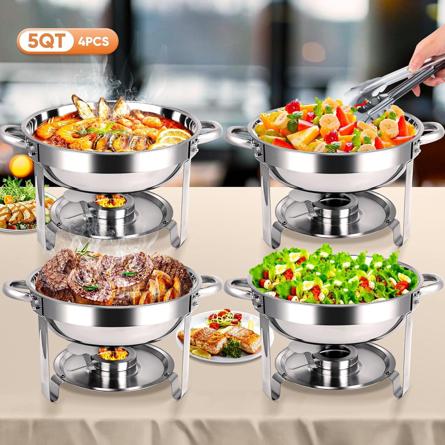 Set di 4 scaldavivande per Buffet, in Acciaio Inox Vassoio di Riscaldamento, Chafing Dish Catering Buffet Warmer Set, Lid 4.5 Litre Cibo Scaldabagno Catering, per Feste, Catering ed Eventi