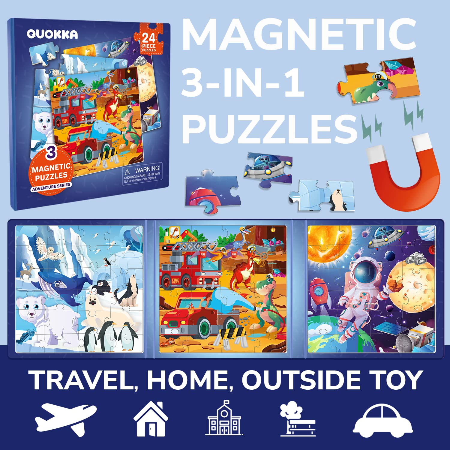 QUOKKA Magnetic Puzzle Bambini 3 anni - Giochi Magnetici per Bambini 2 anni - Giochi da Viaggio Libro Magnetico Bambini 3-5 anni - 24 pezzi Puzzle Magnetico Spazio Dino - Intrattenere Bambini in Aereo