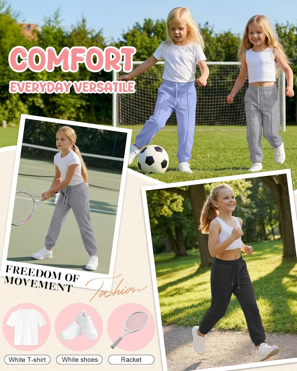 Oakgarden 3 Pack Girl's Sweatpants Joggers Athletic Pants Baggy Drawstring Elastic Waist Pants with Front Seam and Pockets