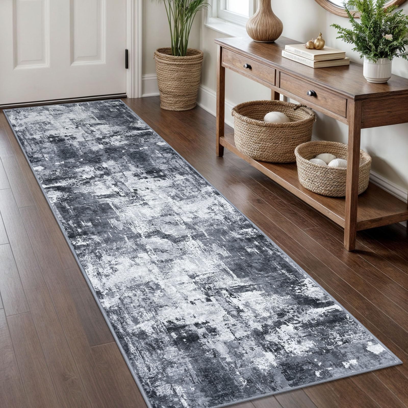 KOZYFLY Modern Abstract Rug Runner for Hallway 2x8 Grey/Black Kitchen Runner Rug Non Skid Washable Carpet Runner Laundry Room Mat Soft Fluffy Low Pile Rug for Hallway Entryway Bathroom Bedroom — image 1