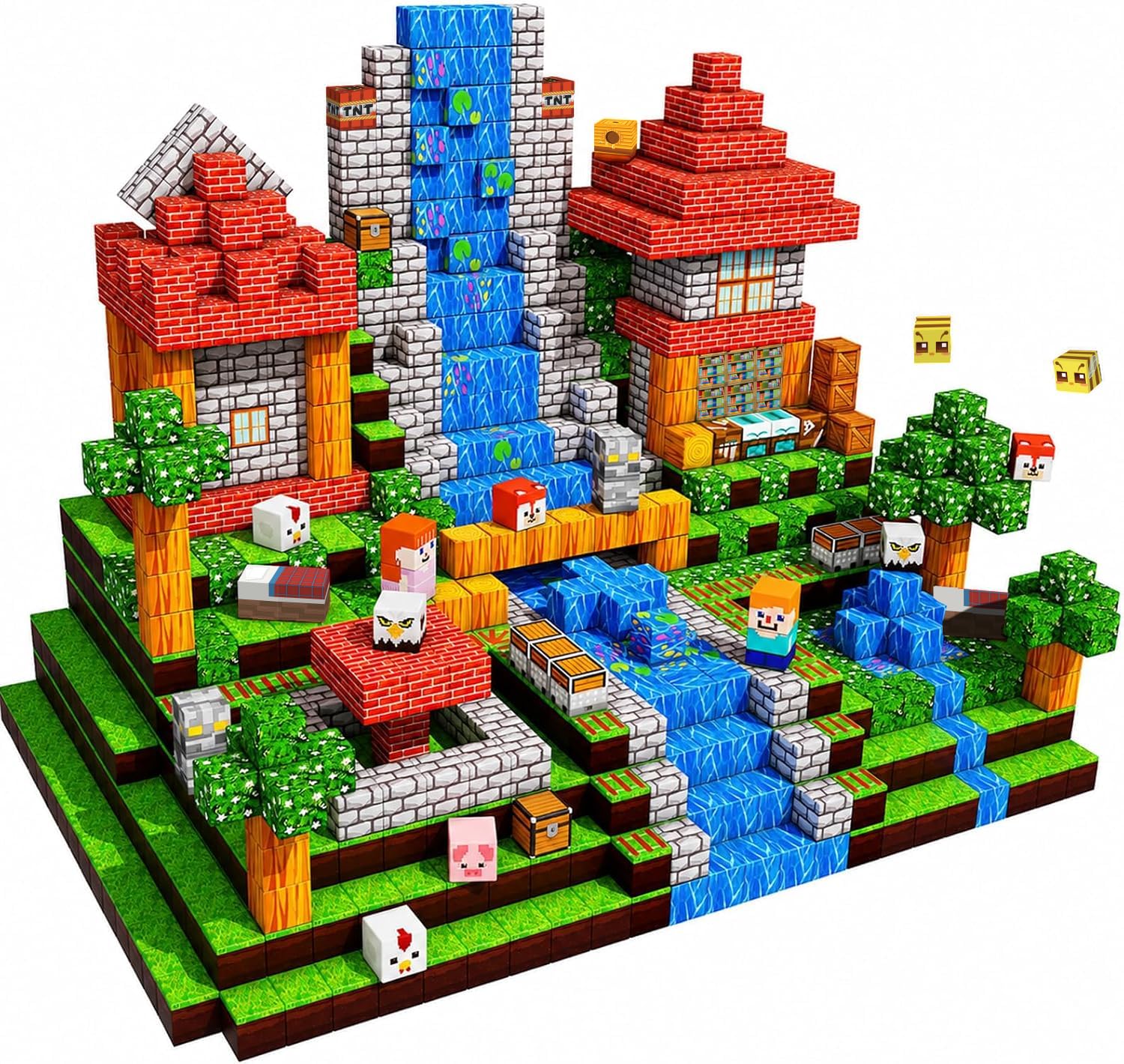 Costruzioni Magnetiche per Bambini 200PCS - Blocchi Magnetici Tema Prateria | Magnetic Building Blocks Giocattoli Montessori con Animali e Fiumi, Cubi Magnetici Regali STEM per Bambini 3 4 5 6 7 8 9 Anni