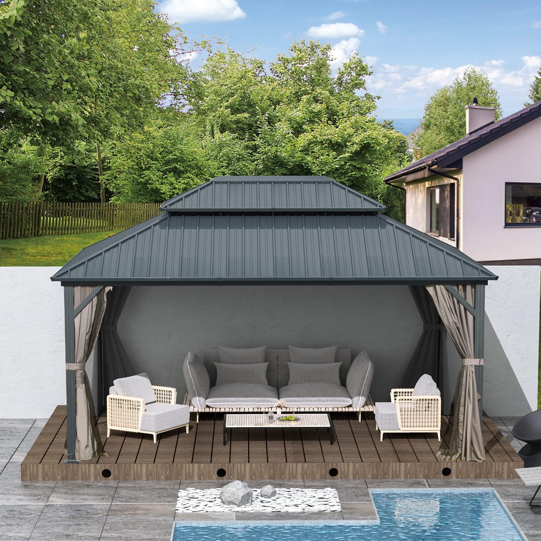 Domi Hardtop Gazebos 12x14FT, Aluminum Metal Gazebo with Galvanized Steel Double Roof Canopy, Curtain and Netting, Permanent Gazebo Pavilion for Patio, Backyard, Deck and Lawn, Grey