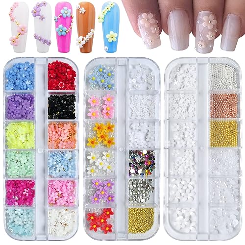 AddFavor Juego de 3 cajas de decoración de diamantes de imitación para uñas, dijes de flores 3D, gemas con perlas blancas, cuentas doradas y