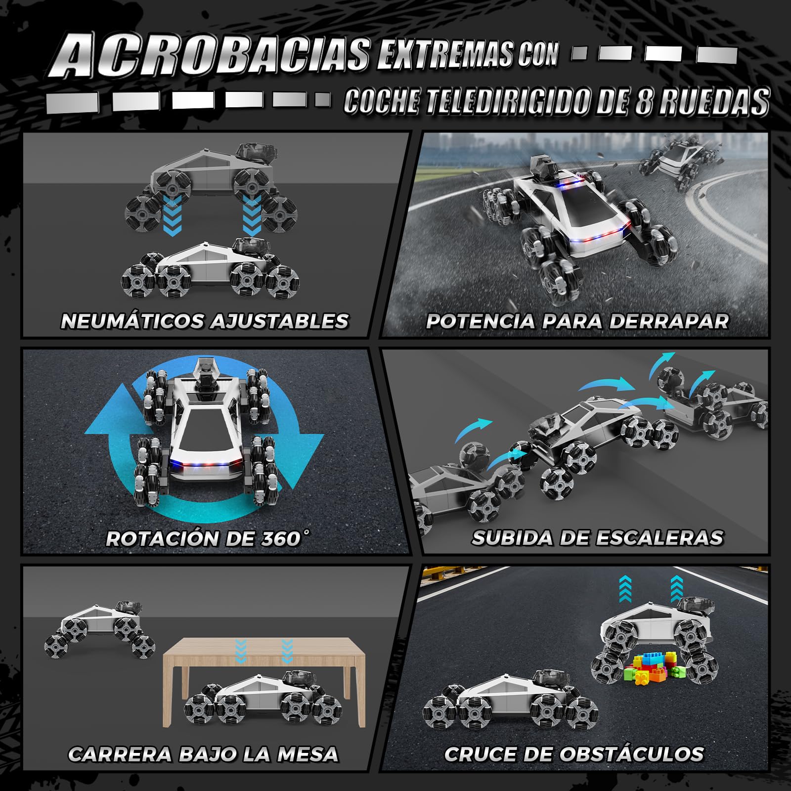 Coche Teledirigido RC Acrobático 8 Ruedas, Vehículo Todoterreno con Mando a Distancia & Control Manual, Luces LED, Música, Spray, Juguete para Niños 5-11 Años, Regalo Cumpleaños, Navidad y Reyes Magos
