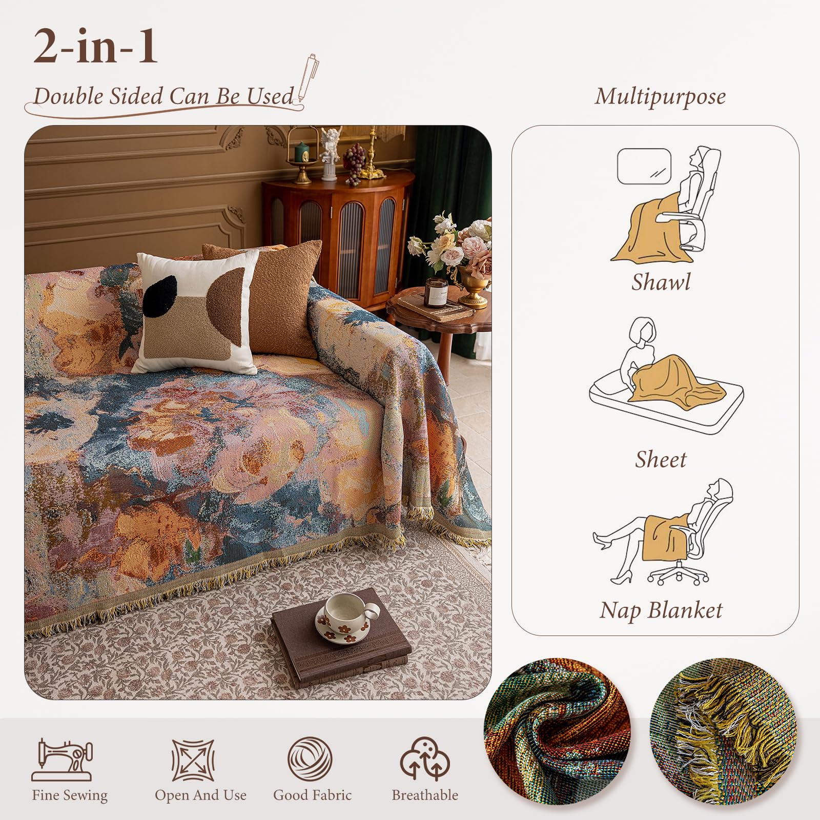 Copridivano Reversibile in Tessuto Poliestere: Motivi Pittorici Retrò, Doppia Faccia Traspirante e Resistente per Divano, Letto e Arredamento Multifunzionale 180 * 300cm-Mare di neve
