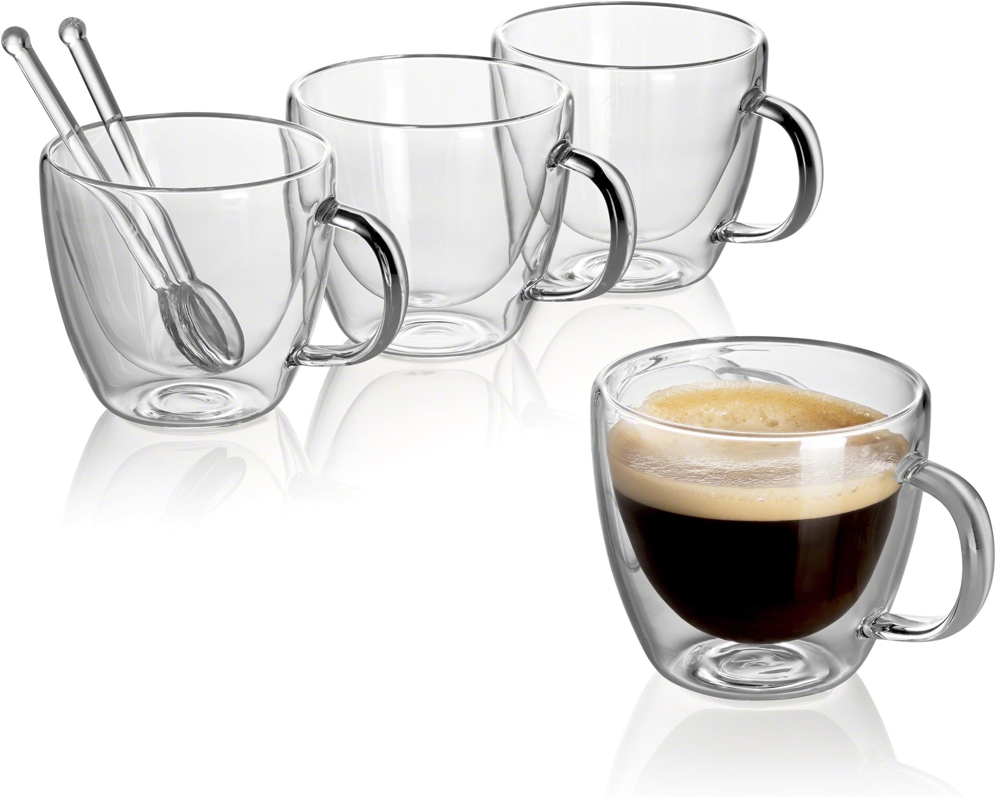 Jecobi(R) Cafecito Extra-Strong Double Wall Insulated glasses Espresso Mugs Set of 4, 5.2 OZ | 150ML plus 2 Mini Coffee Spoon ( glass )