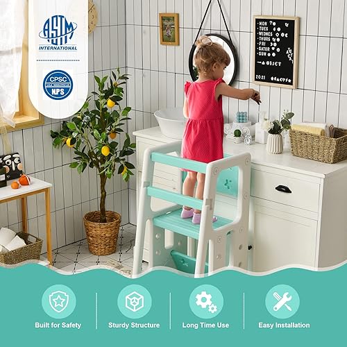 Miniatura 5 de Costzon Taburete de cocina para niños con doble riel de seguridad, taburete de aprendizaje para niños pequeños con 3 alturas ajustables y