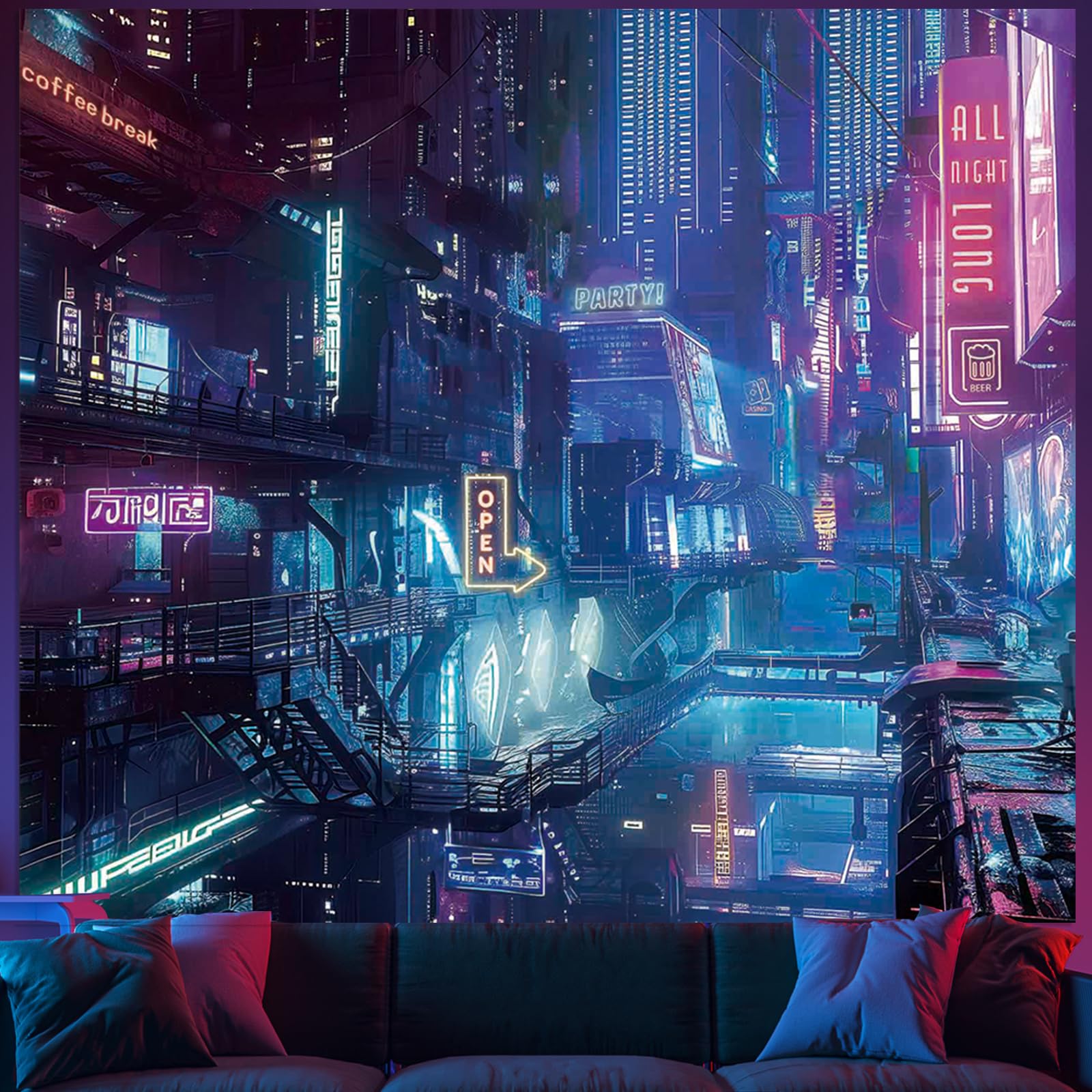 Anime Punk City Wall Tapestry for Bedroom, Japanese Futuristic Neon Night Street Tapestries Aesthetic, Futurism Skyscraper Backdrop for Living Gaming Room Dorm Decor 51in X 60in