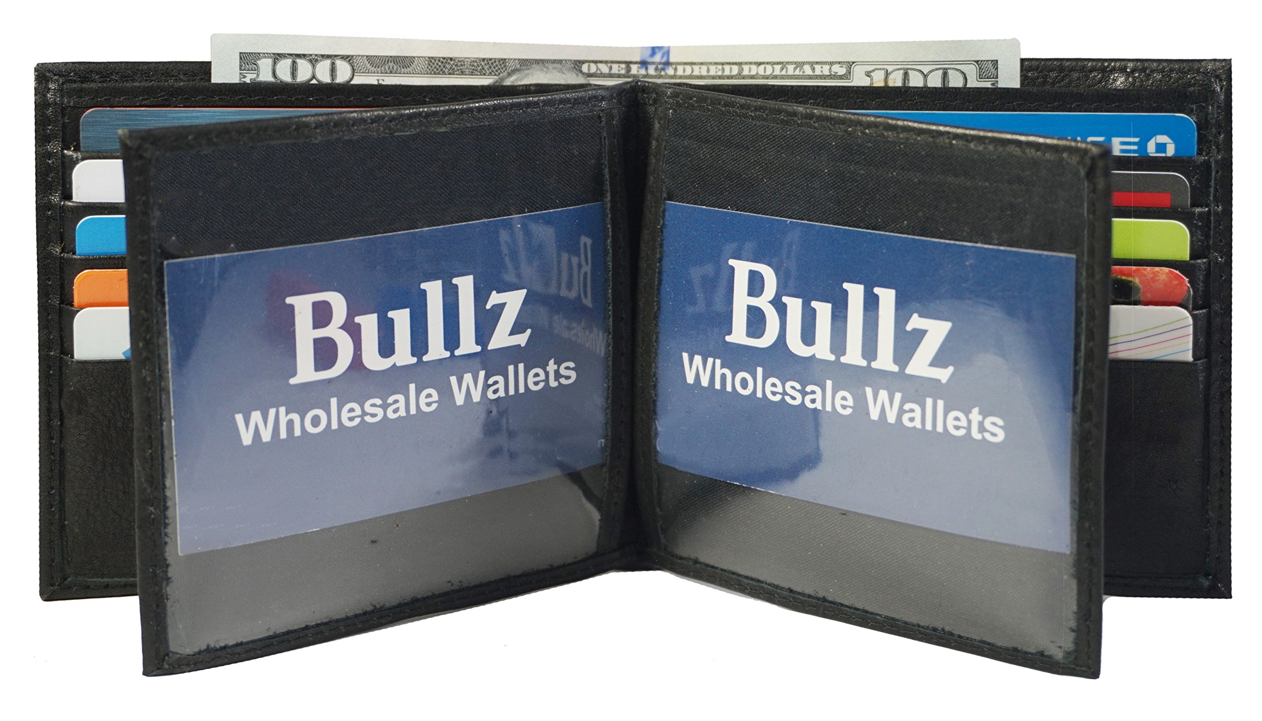 Genuine Leather Bifold Large Credit Card- ID Euro Style Hipster Mens Wallet. (Black)