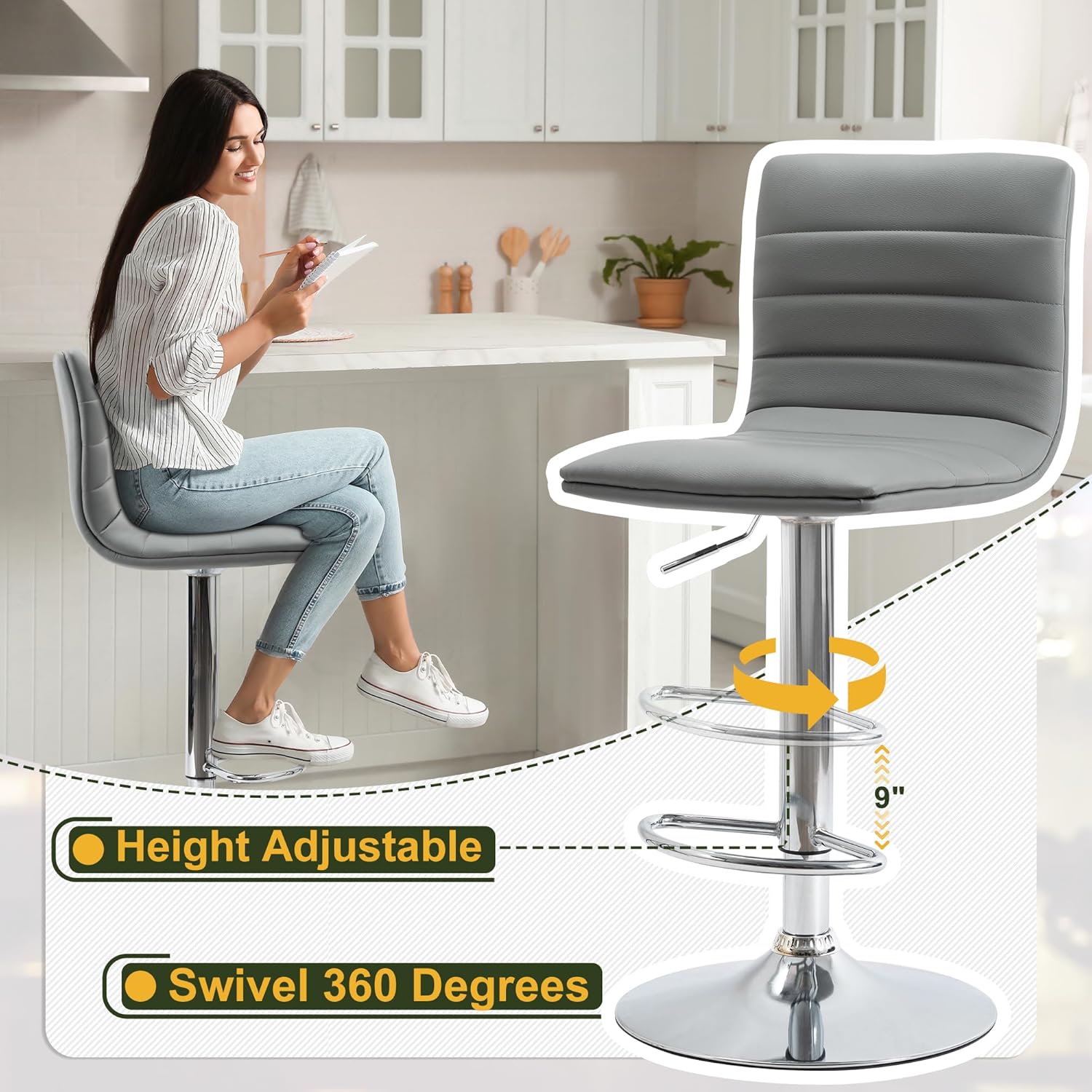 NicBex Swivel Bar Stools Modern PU Leather Adjustable Barstools, Kitchen Island Counter Bar Stools Set of 2,(Grey Color)