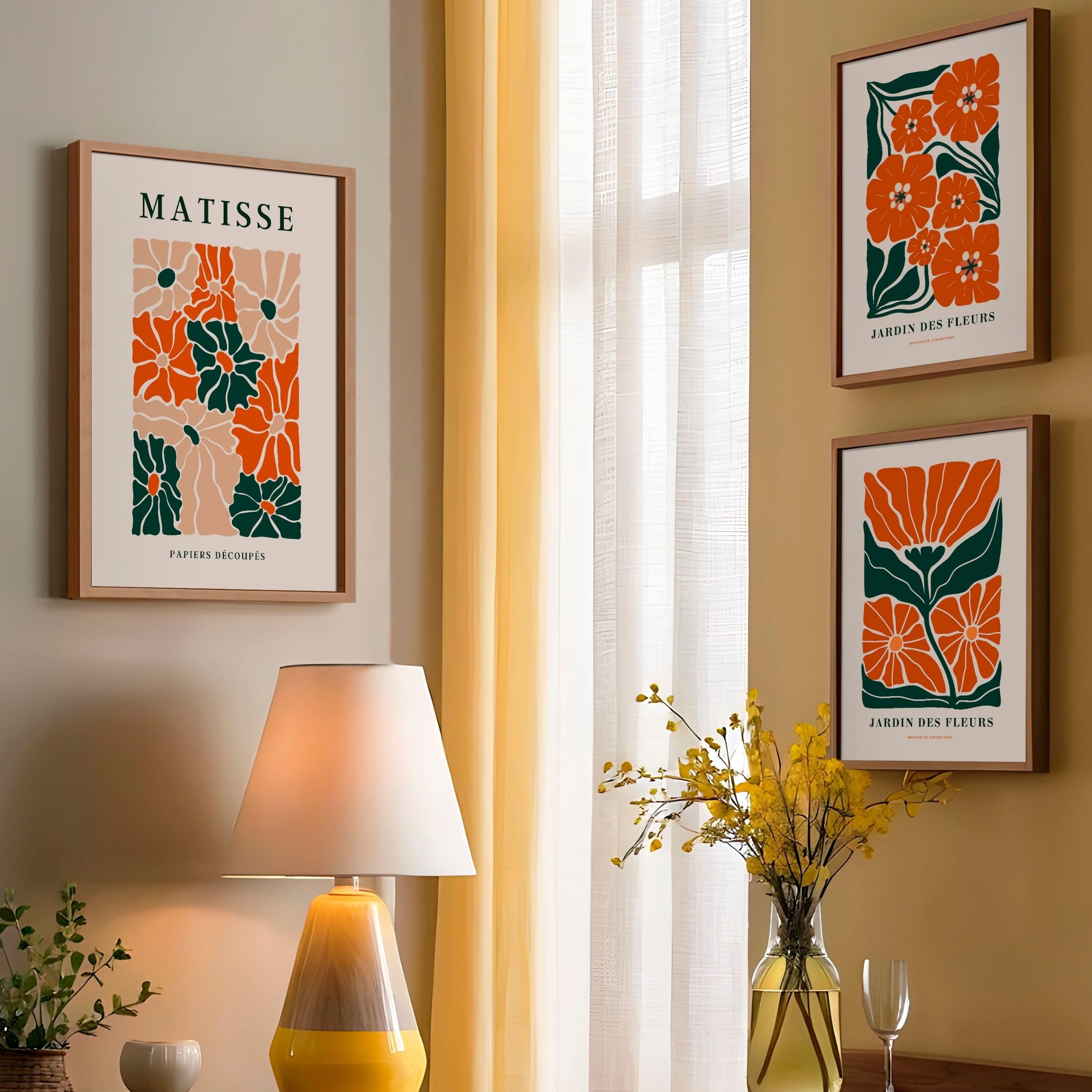 Matisse - Juego de 3 pósteres florales para pared, color naranja y verde
