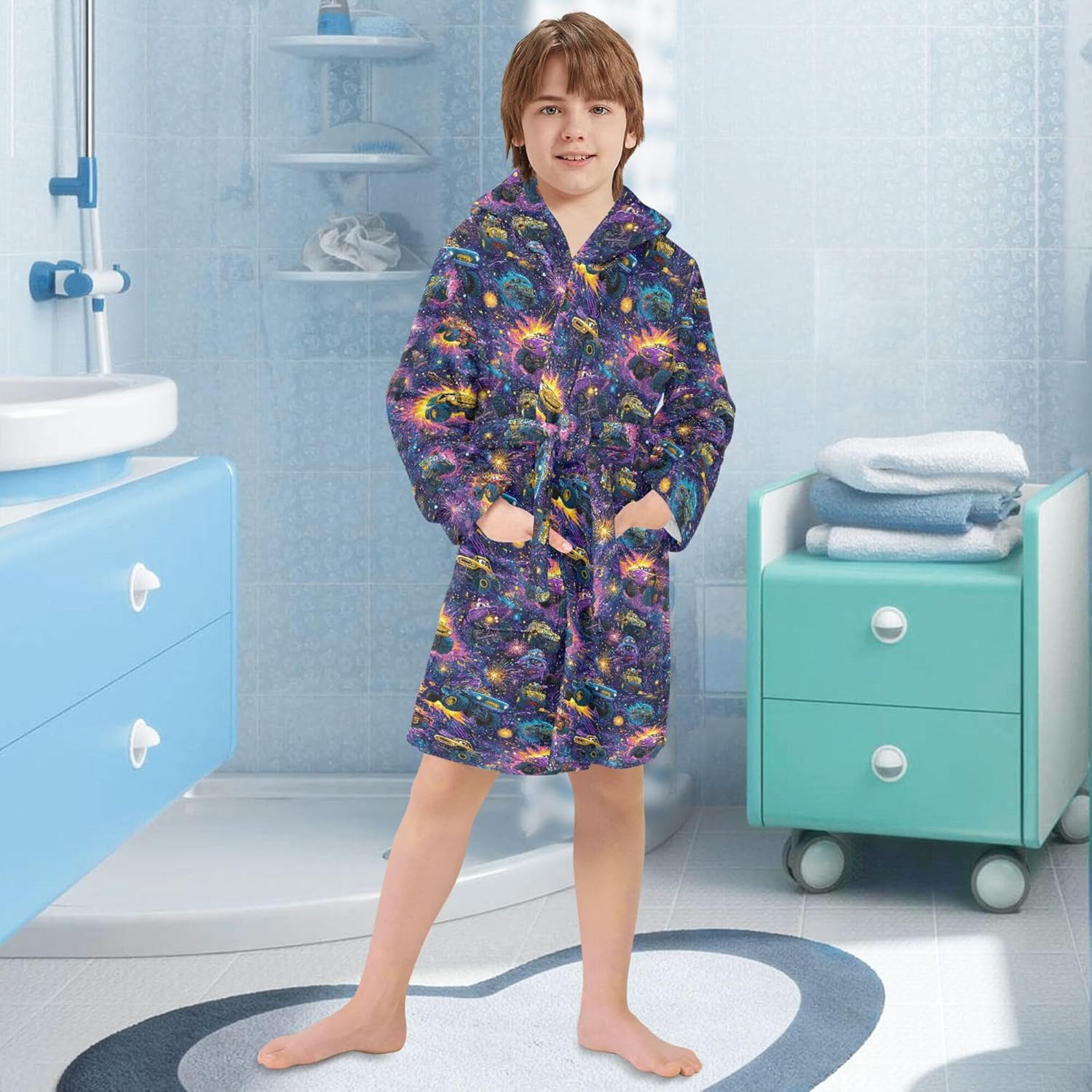 Monster Truck Cars Galaxy Space Pattern Bathrobe Hooded PJ Robe Soft Fleece Robe Sleepwear 2-12 Years
