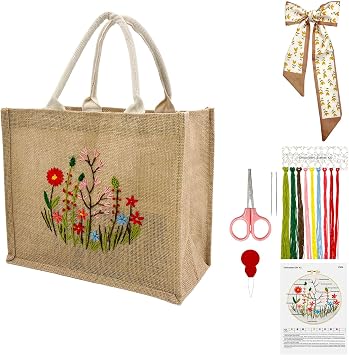 SNAIL GARDEN Linen Tote Bag DIY Embroidery Kit for Beginners with Scarf, Printed Cross Stitch Craft Kit with Thread, Needle & Guide Reusable Grocery Bag for Women