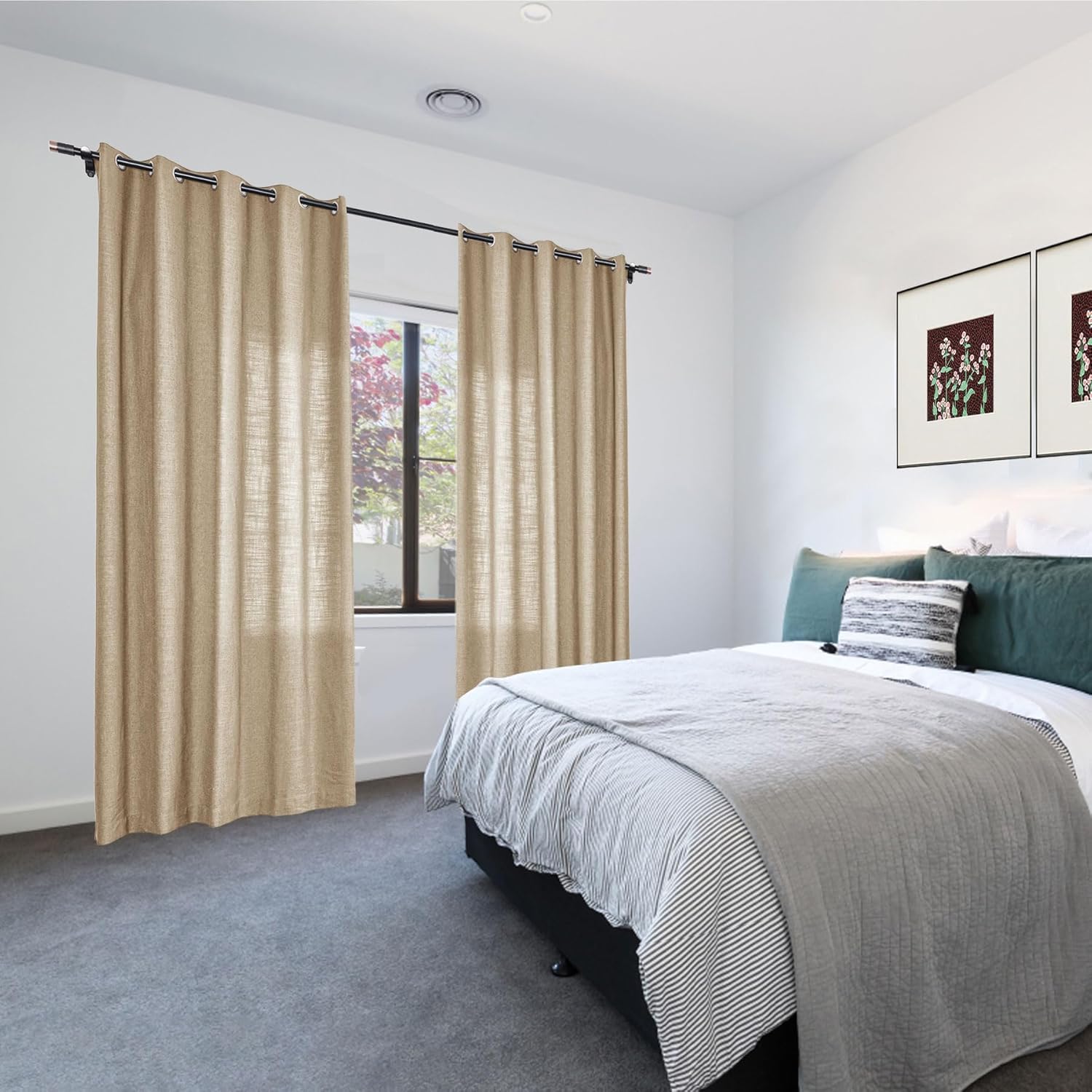 Frelement 52" W x 63" L Grommet Room Darkening Drape with Tiebacks Unlined Linen Curtains for Living Room Bedroom Light Blocking Curtains for Sliding Door Patio Door, 1 Panel, Oxford Tan