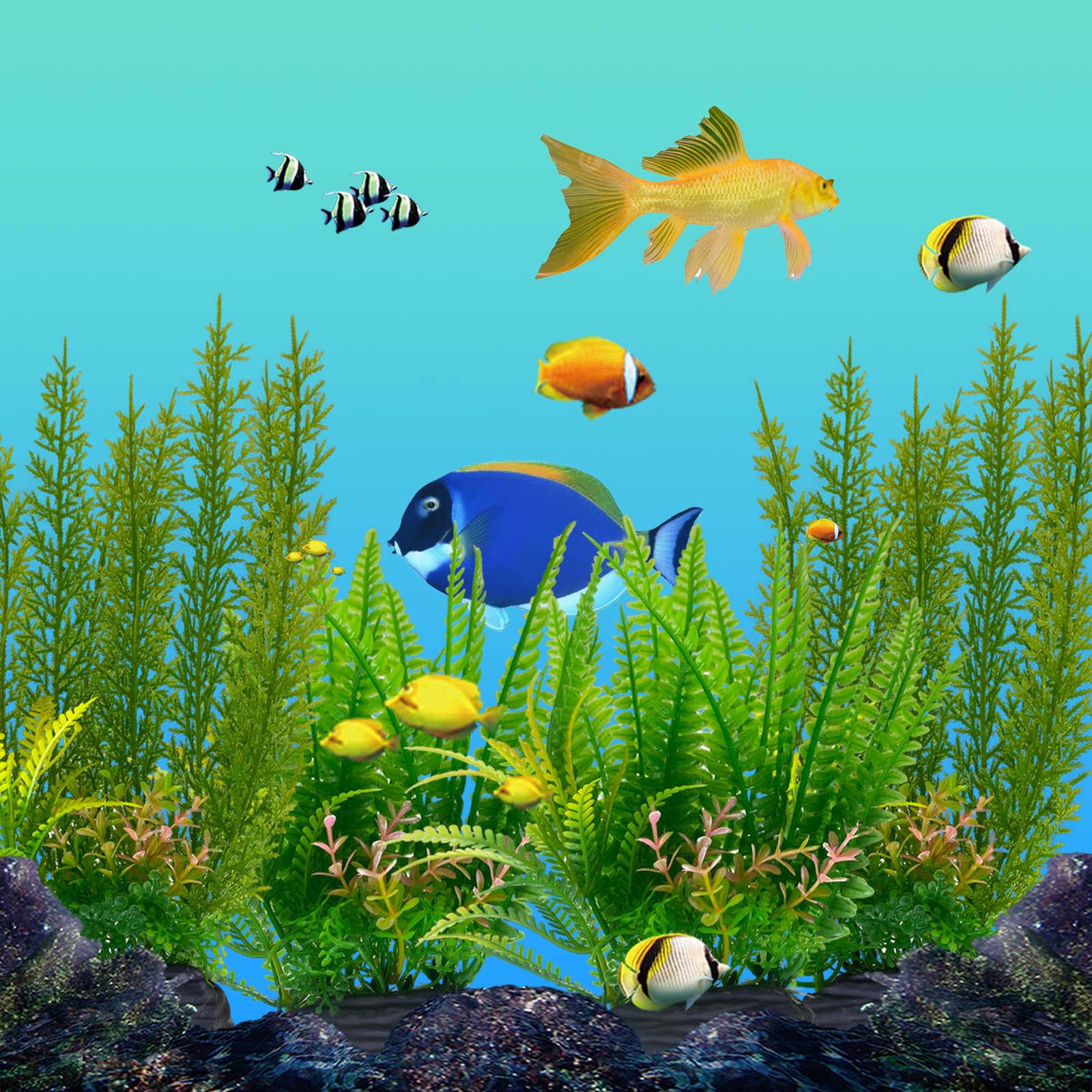 4pcs Plantes Artificielles pour Aquarium, Grandes Plantes Vertes en Plastique, Décoration d'Aquarium avec Base en PVC, 2x28cm et 2x18cm