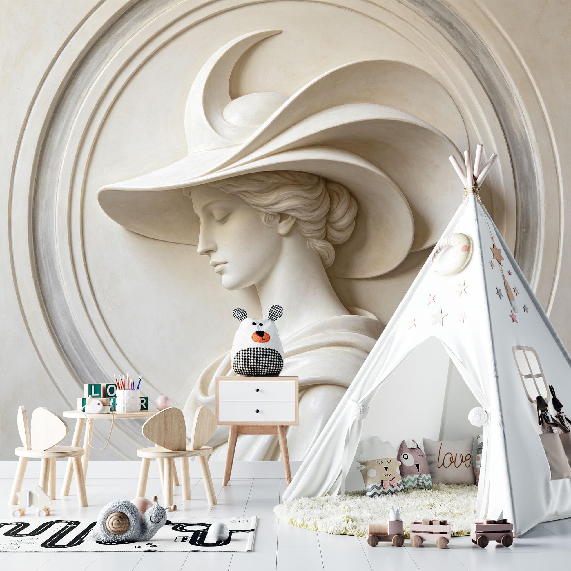 Papier Peint Mural Intissé 500 x 280 cm Motif Femme Élégante Au Chapeau À Larges Bords Style Sculpture 3D Idéal pour Le Salon Ou la Chambre Décoration Fresque Murale Inspirée Par la Sculpture