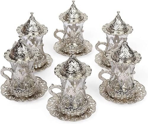 Miniatura 6 de Alisveristime Juego de 6 vasos de té turco hechos a mano con platillo de agua Zamzam (plateado)