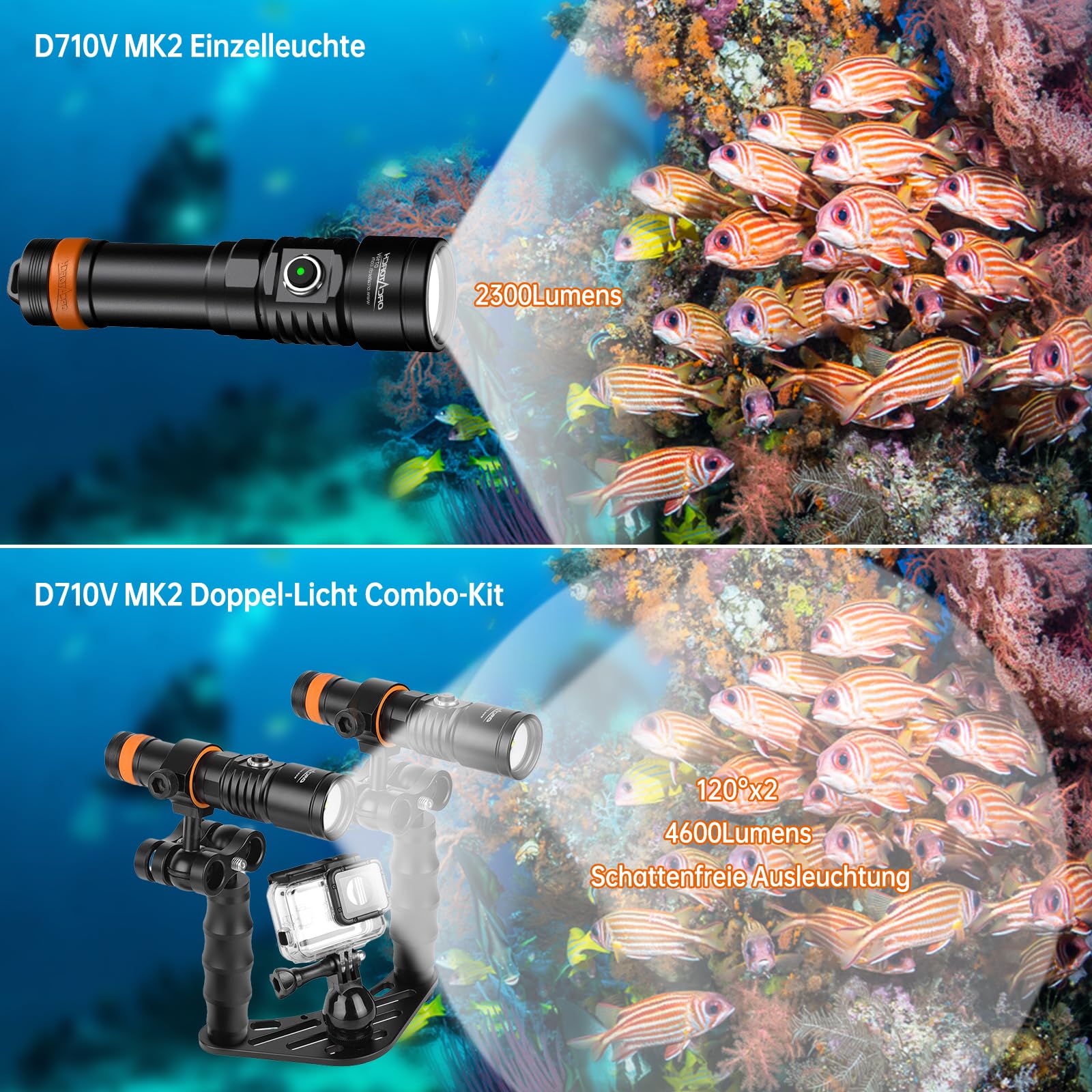 ORCATORCH D710V MK2 Duales Videolicht Tauchen Set 4600 Lumen, 120° Weitwinkel Unterwasser Tauchlampe Weiß Rot Fluoreszenzlicht, Kamera Schiene Halterung IP68 150 m für Unterwasserfotografie