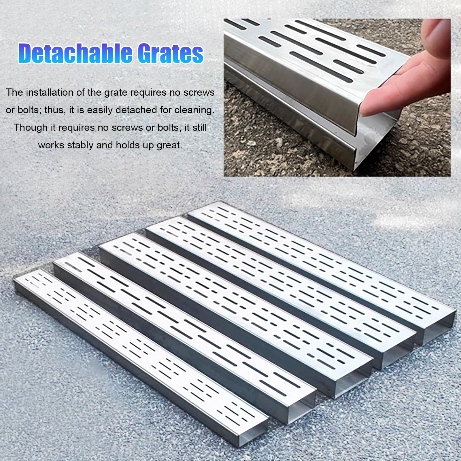 WDJBPSH caniveau Exterieur Kit de Caniveau Fin de 1 M de Long, Extérieur, avec Dérivation d'eau, Caniveau de Drainage pour Trottoir, Grilles D'égout en Acier Inoxydable(Silver 4 pcs,15x5cm(5 7/8x2))
