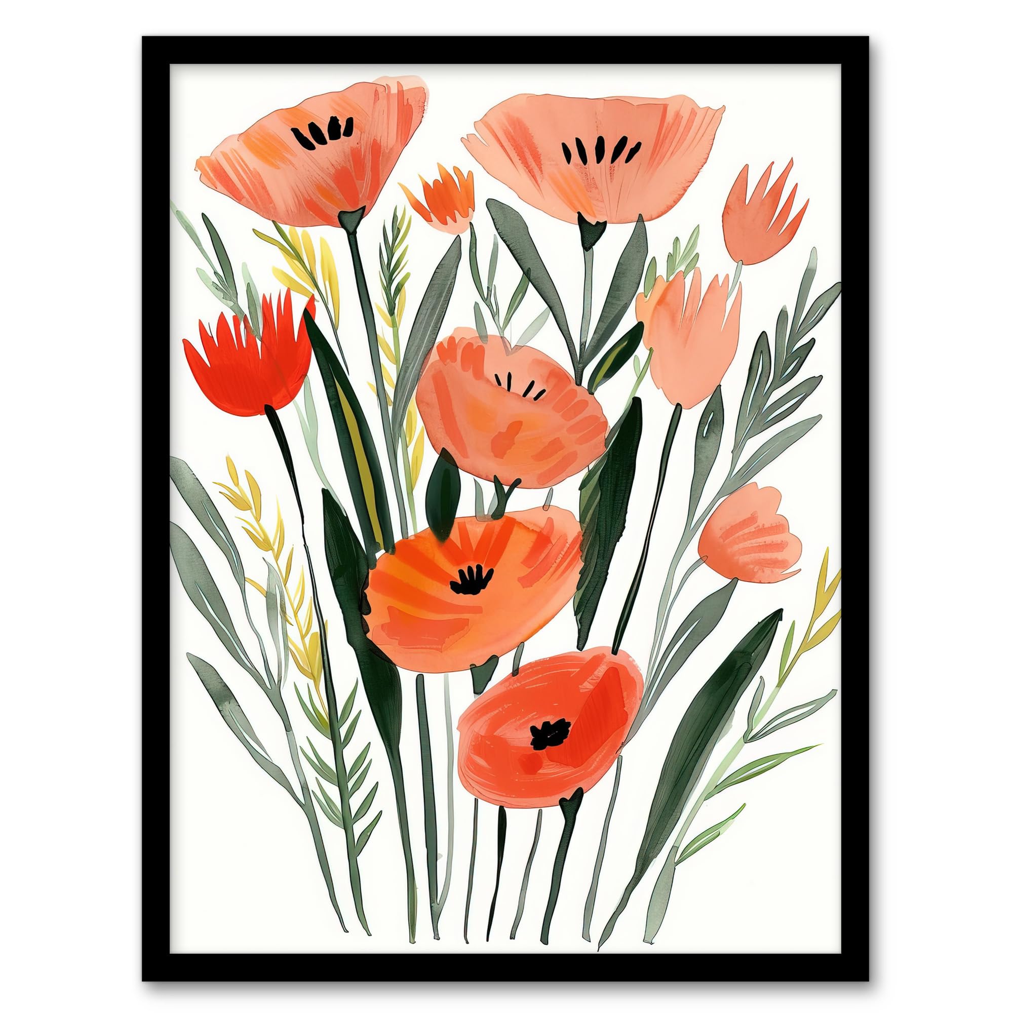 Artery8 Abstract Wild Poppy Flowers Boho Floral Painting Living Room Artwork Framed Wall Art Print A4