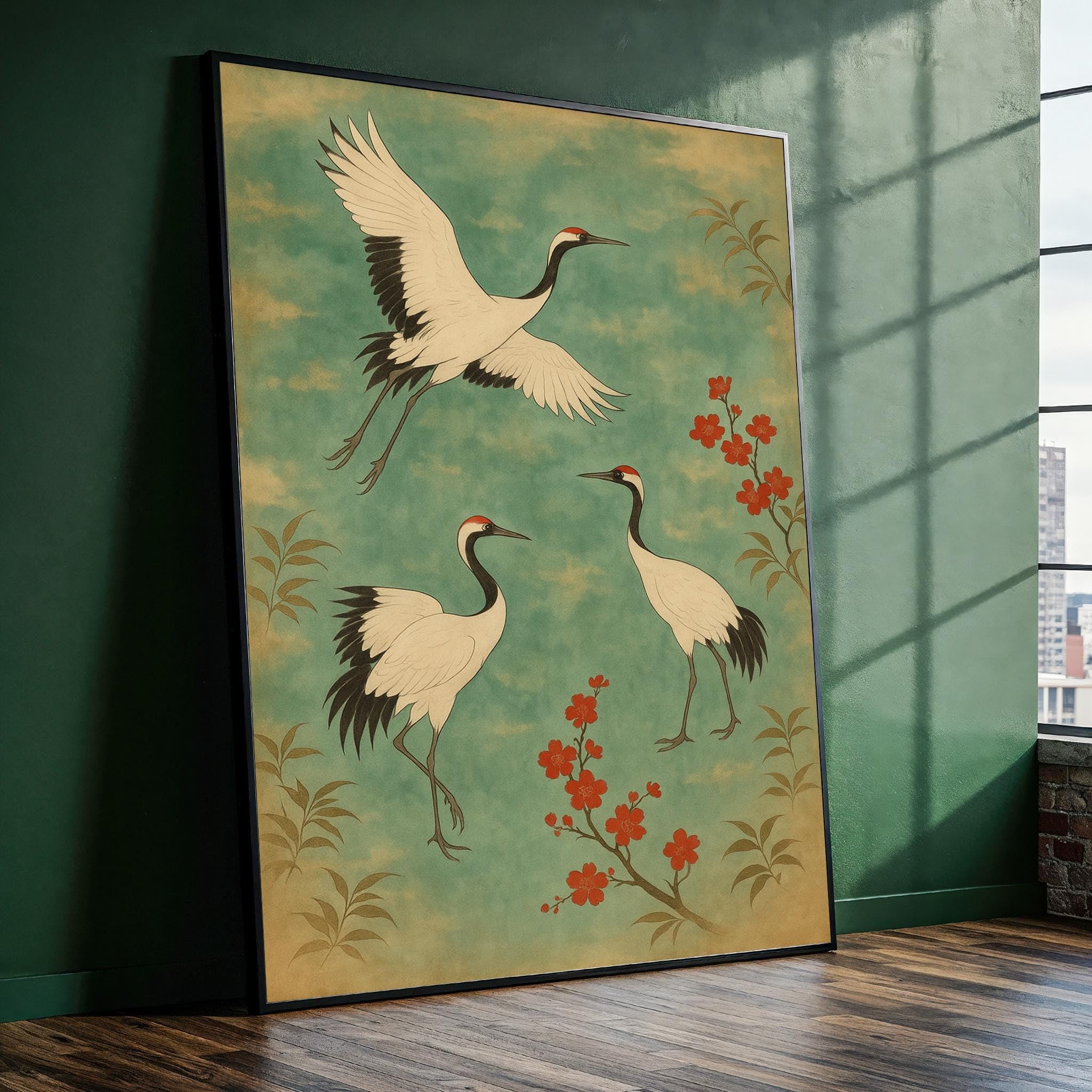 YUSUZHU Japanese Crane Canvas Painting – Ready to Hang Wall Art for Living Room – Zen-Inspired Painting Floral & Traditional(21x30cm/Frameless)