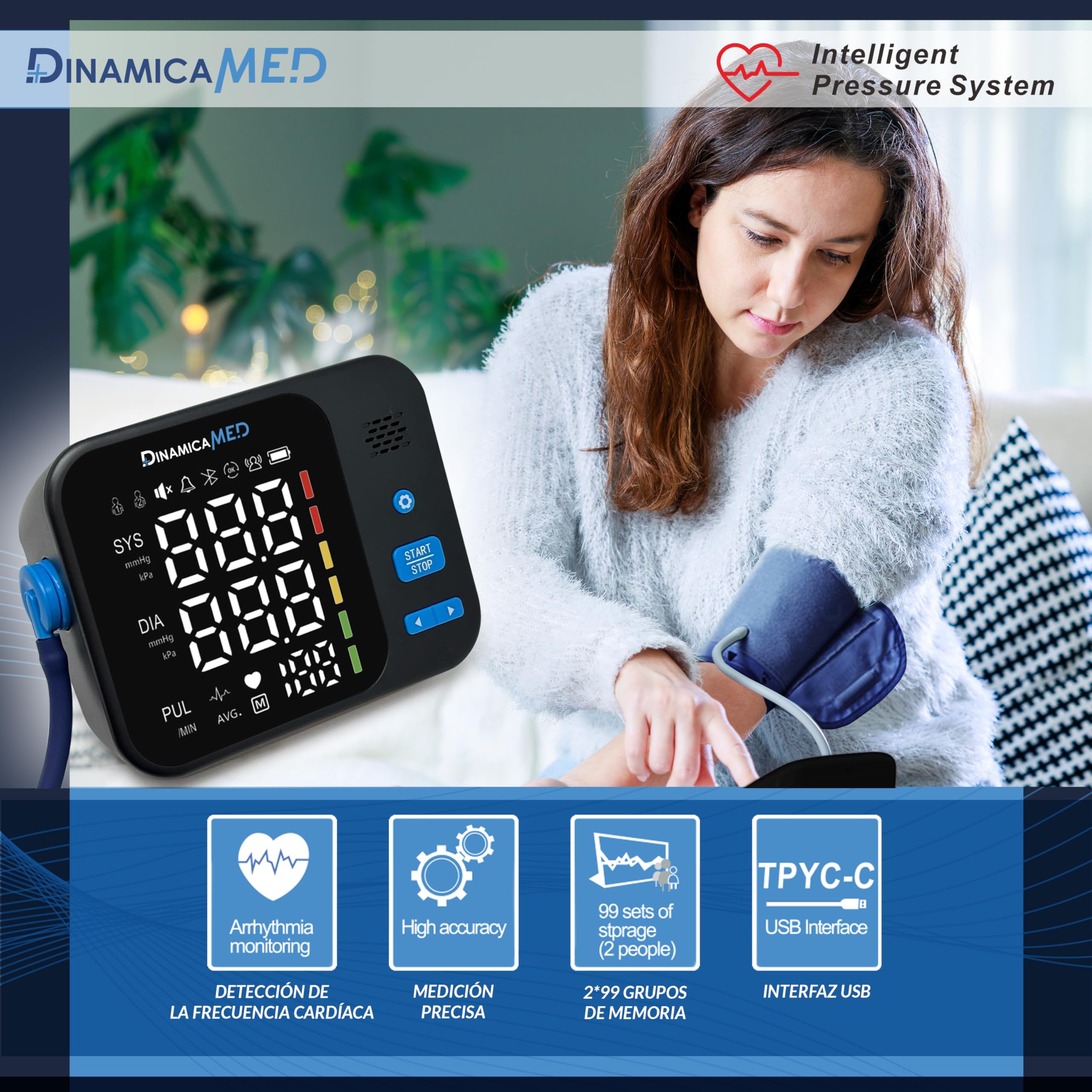 DinamicaMed A-159 Tensiómetro de Brazo, Medidor de Presión Arterial de Brazo con 2 × 99 Memorias, Tensiómetro de Brazo con Retroiluminación.