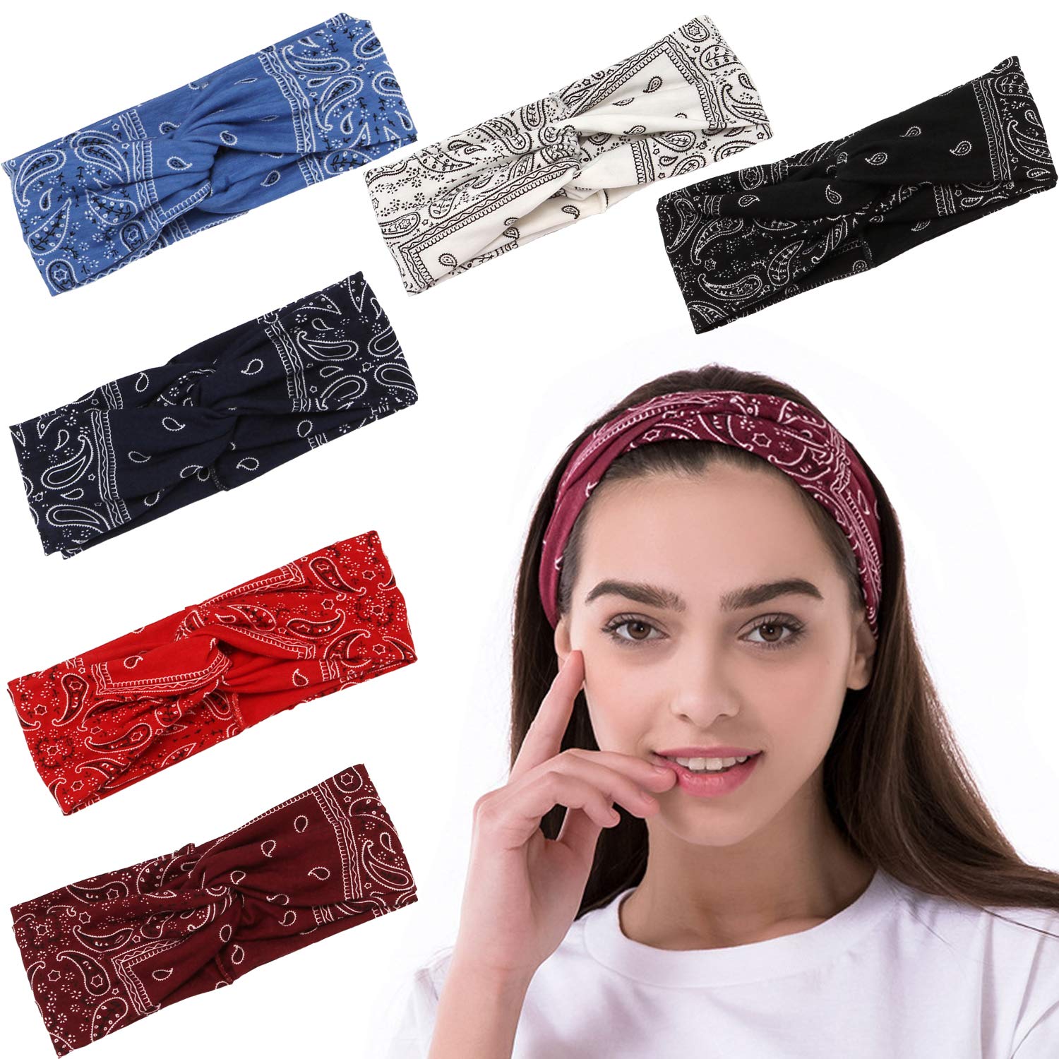 Folora 6Pcs Paisley Headband for Women, Twist Knot Turban Head Scarf with Bohemia Floral, Elastic Hair Accessories for Running and Yoga