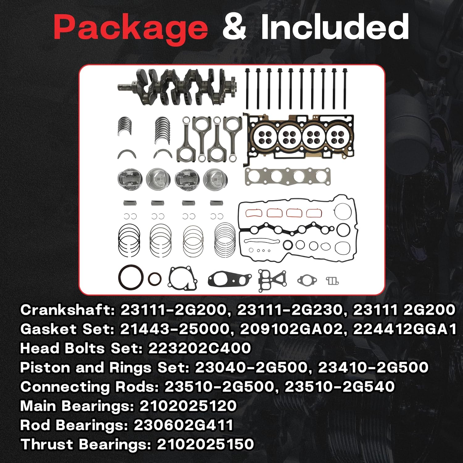 G4KJ 2.4 Engine Rebuild Overhaul Kit With Crankshaft & Piston & Connecting Rods Fit For Hyundai Tucson Santa Sonata Kia Sportage Optima Sorento 2.4L 2015-2021 Replace# 23111-2G200 23510-2G500