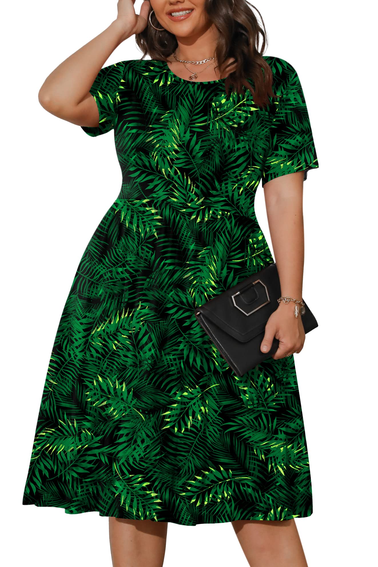 POSESHE Womens Plus Size Summer Dress 2026 Casual Short Sleeve Empire Waist Loose Fit Swing T-Shirt Dress with Pockets