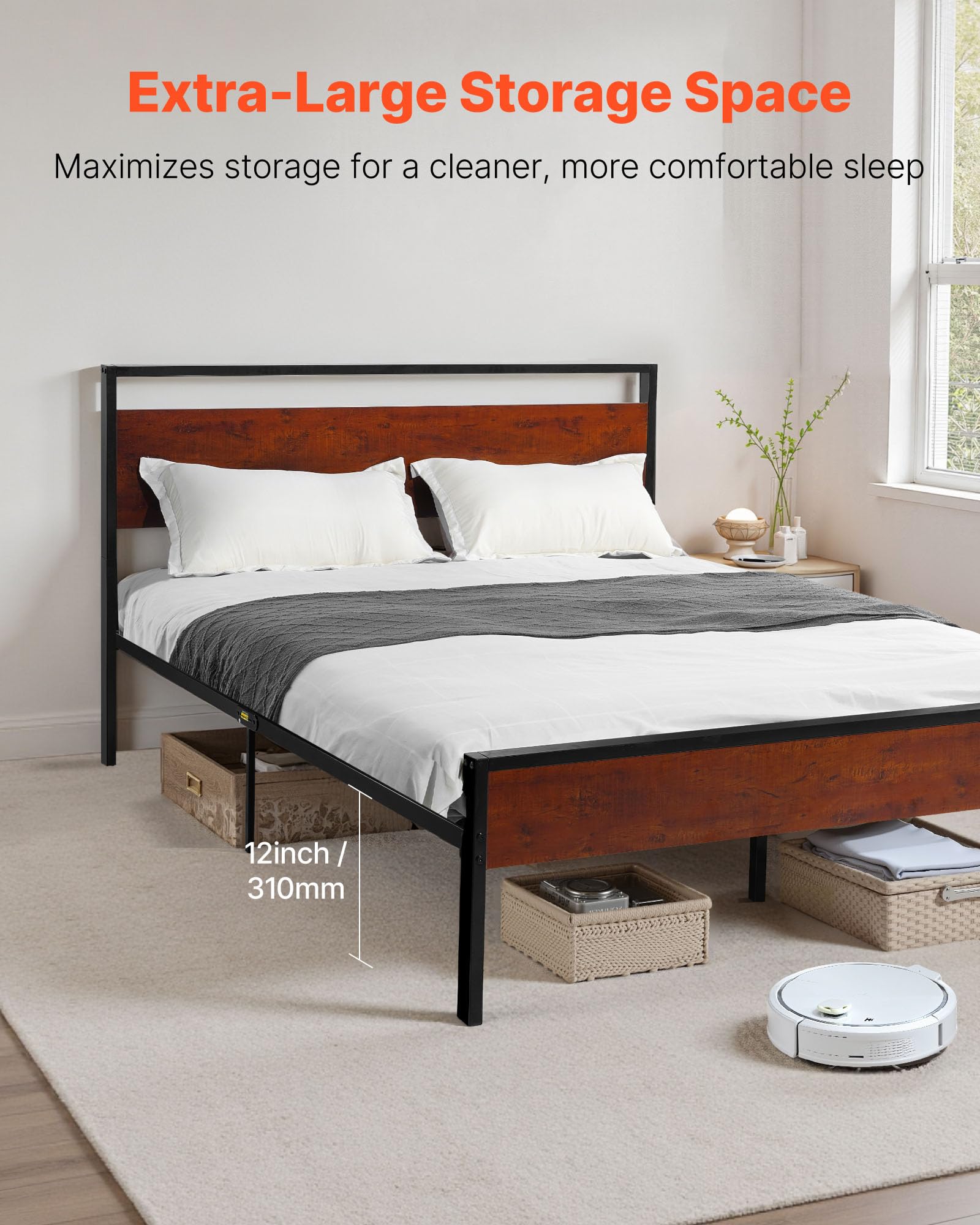 VEVOR Estructura de Cama Tamaño Queen 2135x1535x990 mm de Plataforma de Metal Negra con Cabecero y Pie de Cama de Madera Marrón Retro, Espacio Debajo de la Cama, Antideslizante, no Necesita Somier