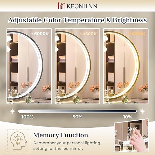 Miniatura 3 de Keonjinn Espejo LED redondo negro para baño con luces 3000 K4500 K6000 K, espejo de tocador con marco de metal montado en la pared, espejo de